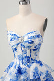 Branco Azul Floral A-line Sweetheart Corset Tiered Vestido Curto Homecoming