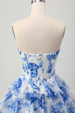 Branco Azul Floral A-line Sweetheart Corset Tiered Vestido Curto Homecoming