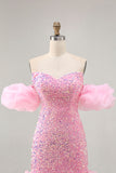 Sparkly Off The Shoulder Pink Sequins Vestido Apertado Homecoming