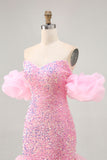 Sparkly Off The Shoulder Pink Sequins Vestido Apertado Homecoming