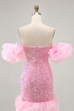 Sparkly Off The Shoulder Pink Sequins Vestido Apertado Homecoming