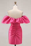 Cetim fora do ombro Fuchsia babado apertado Homecoming Dress