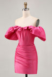 Cetim fora do ombro Fuchsia babado apertado Homecoming Dress