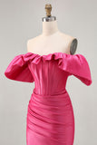 Cetim fora do ombro Fuchsia babado apertado Homecoming Dress