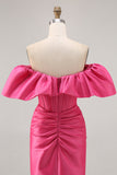 Cetim fora do ombro Fuchsia babado apertado Homecoming Dress