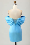 Blue Strapless Ruched Tight Homecoming Dress com renda-up para trás