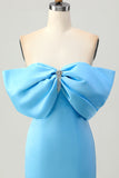 Blue Strapless Ruched Tight Homecoming Dress com renda-up para trás