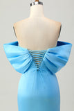 Blue Strapless Ruched Tight Homecoming Dress com renda-up para trás