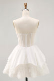 Branco Cetim Espartilho Sem Alças Uma Linha Vestido Curto Homecoming