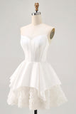 Branco Cetim Espartilho Sem Alças Uma Linha Vestido Curto Homecoming