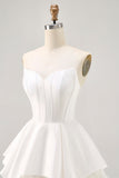 Branco Cetim Espartilho Sem Alças Uma Linha Vestido Curto Homecoming