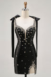 Sparkly Preto Tight Rhinestones Short Homecoming Dress com Fenda