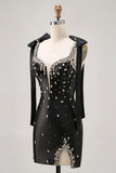 Sparkly Preto Tight Rhinestones Short Homecoming Dress com Fenda