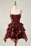 Preto Vermelho Uma Linha Cowl Neck Corset Tiered Short Homecoming Dress