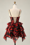 Preto Vermelho Uma Linha Cowl Neck Corset Tiered Short Homecoming Dress