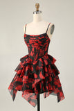 Preto Vermelho Uma Linha Cowl Neck Corset Tiered Short Homecoming Dress