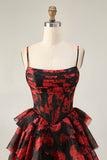 Preto Vermelho Uma Linha Cowl Neck Corset Tiered Short Homecoming Dress