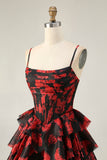Preto Vermelho Uma Linha Cowl Neck Corset Tiered Short Homecoming Dress