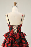 Preto Vermelho Uma Linha Cowl Neck Corset Tiered Short Homecoming Dress