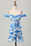 Flor azul branca fora do espartilho ombro vestido curto Homecoming com babados