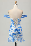 Flor azul branca fora do espartilho ombro vestido curto Homecoming com babados