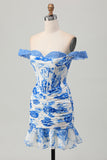 Flor azul branca fora do espartilho ombro vestido curto Homecoming com babados