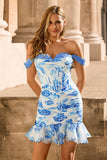 Flor azul branca fora do ombro espartilho cetim Homecoming vestido com babados
