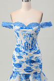 Flor azul branca fora do espartilho ombro vestido curto Homecoming com babados