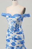 Flor azul branca fora do espartilho ombro vestido curto Homecoming com babados