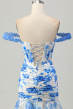 Flor azul branca fora do espartilho ombro vestido curto Homecoming com babados