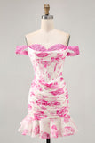 Fora do ombro babado branco fúcsia flor espartilho curto homecoming vestido