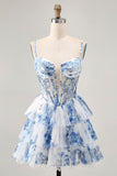 Flor azul branca em camadas frisada uma linha impressa Homecoming Dress