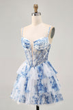 Flor azul branca em camadas frisada uma linha impressa Homecoming Dress