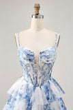 Flor azul branca em camadas frisada uma linha impressa Homecoming Dress