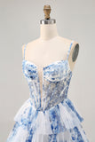 Flor azul branca em camadas frisada uma linha impressa Homecoming Dress
