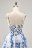 Flor azul branca em camadas frisada uma linha impressa Homecoming Dress