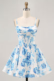Flor azul branca estampada uma linha Corset Homecoming Dress