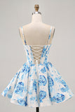 Flor azul branca estampada uma linha Corset Homecoming Dress