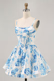 Flor azul branca estampada uma linha Corset Homecoming Dress