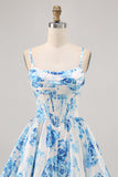 Flor azul branca estampada uma linha Corset Homecoming Dress