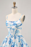 Flor azul branca estampada uma linha Corset Homecoming Dress