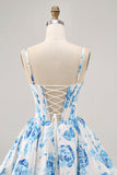 Flor azul branca estampada uma linha Corset Homecoming Dress