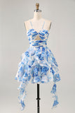 Branco Fuchsia Flor Halter Tiered Vestido Homecoming Impresso