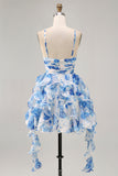 Flor azul branca em camadas Uma linha cortada Halter Vestido Homecoming impresso