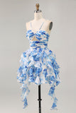 Flor azul branca em camadas Uma linha cortada Halter Vestido Homecoming impresso