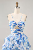 Flor azul branca em camadas Uma linha cortada Halter Vestido Homecoming impresso