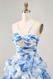 Flor azul branca em camadas Uma linha cortada Halter Vestido Homecoming impresso
