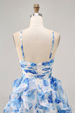 Flor azul branca em camadas Uma linha cortada Halter Vestido Homecoming impresso