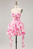 Branco Fuchsia Flor Halter Tiered Vestido Homecoming Impresso