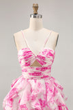 Branco Fuchsia Flor Halter Tiered Vestido Homecoming Impresso